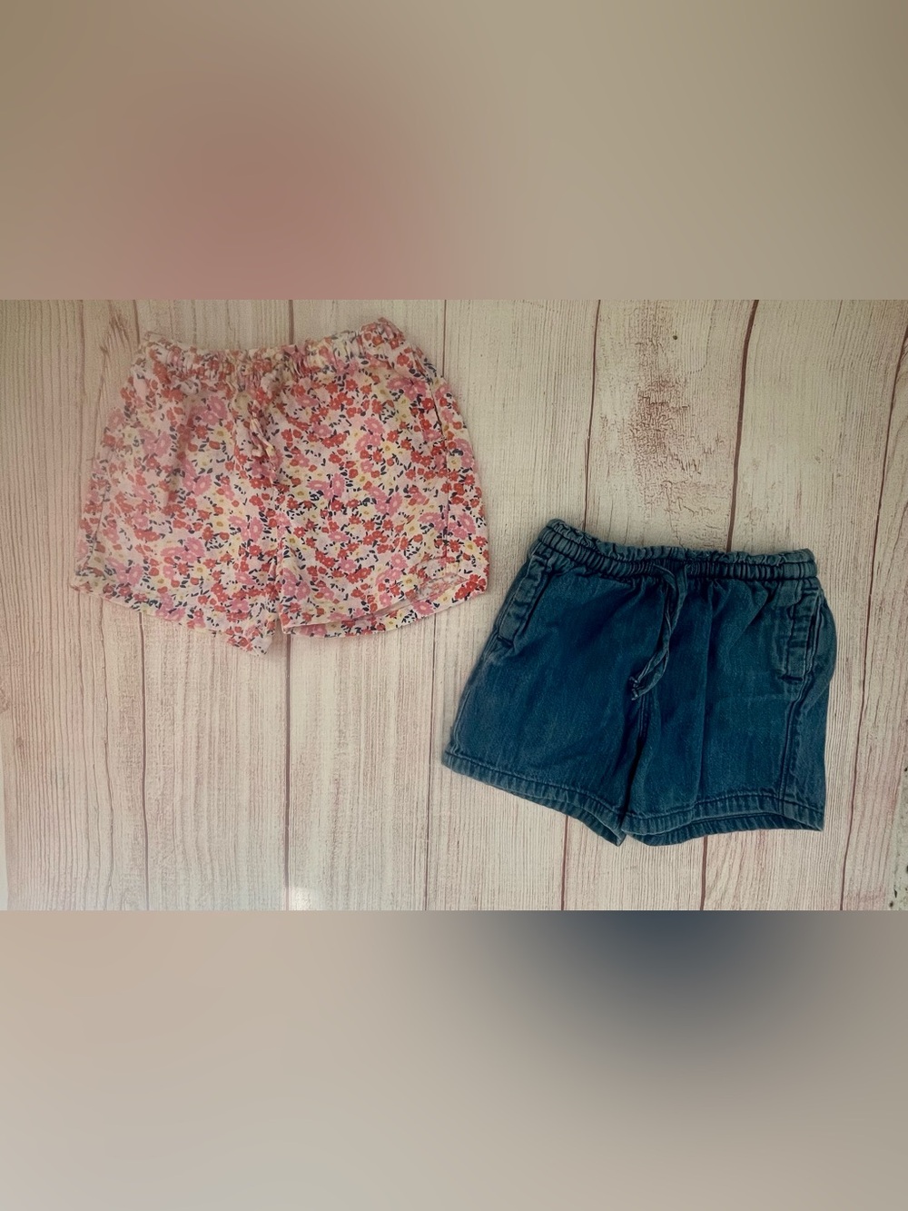 Girls Floral Pink Elastic Waist Shorts & Denim Blue Shorts Set
